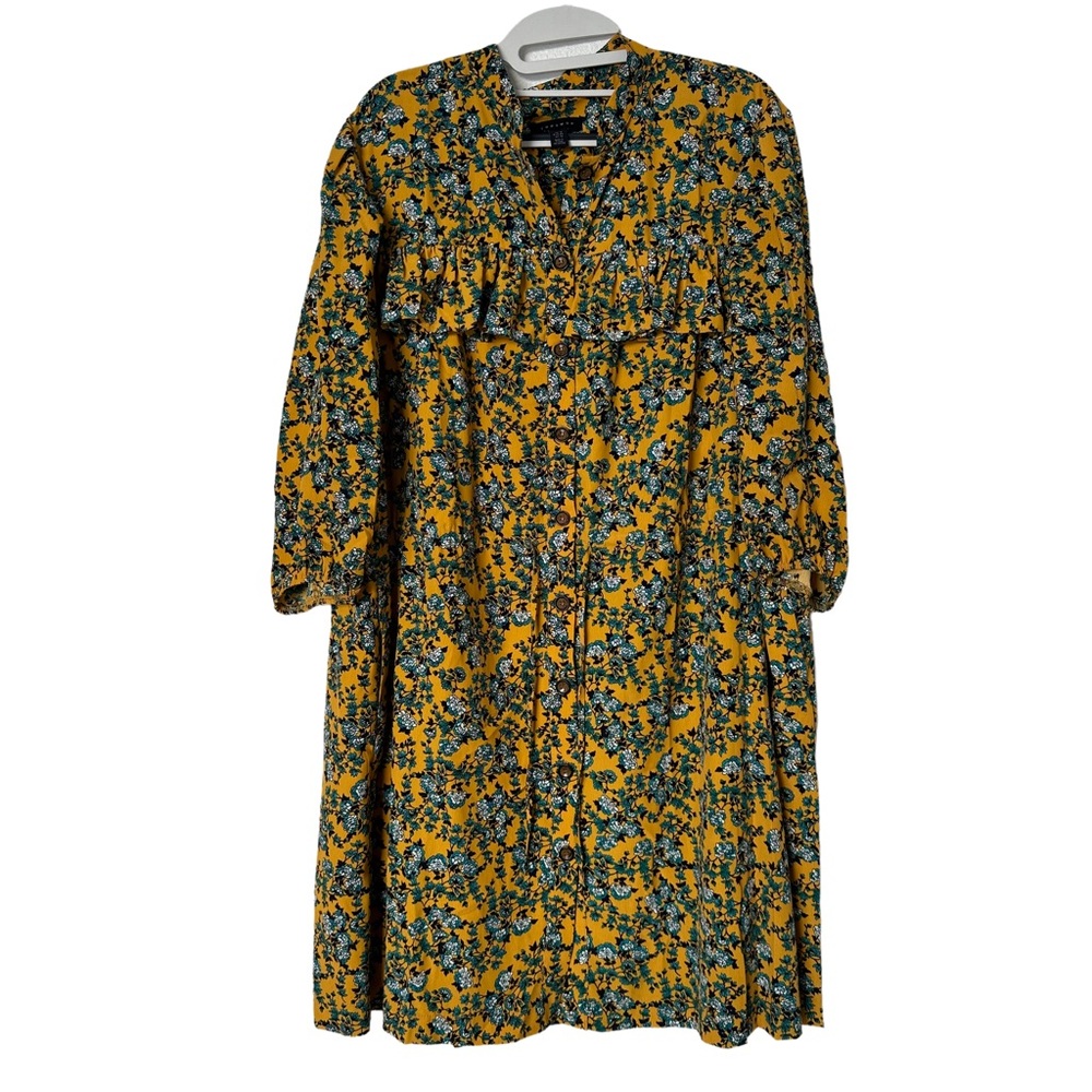 Topshop Mustard Yellow Floral Button Front Tie‎ Waist Fairycore Dress Size 14